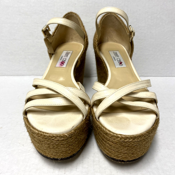 Jimmy Choo Delaney Sandal 80 Ivory Leather Wedge Braided Rope Detailing … - Picture 5 of 11